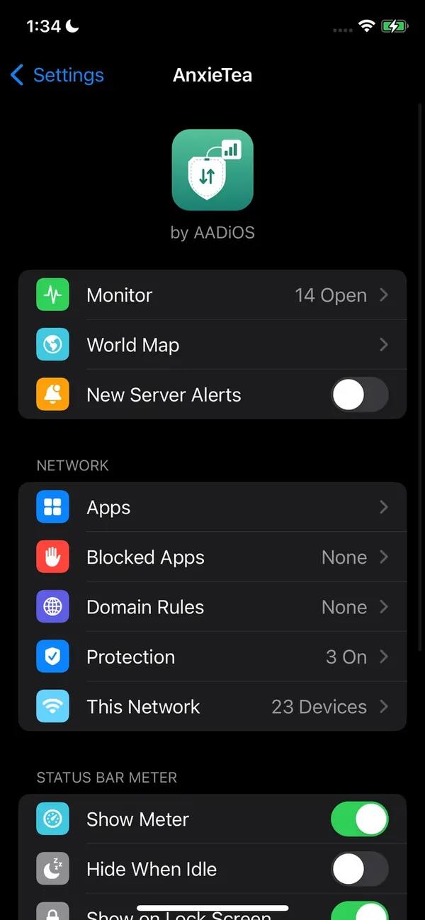 AnxieTea's main screen in the Settings app